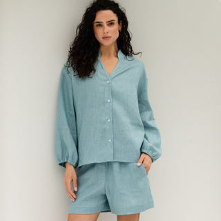 'Petra' Blouse with V-neck and long sleeves in Cyan