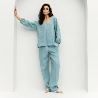 'Tulum' Linen Shirt in Cyan Blue