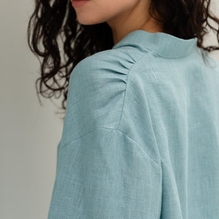 'Petra' Blouse with V-neck and long sleeves in Cyan