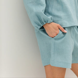 'June' Linen Shorts with Pockets in Cyan
