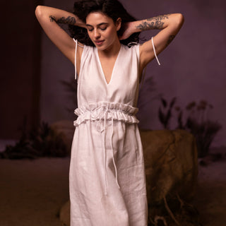 'Alexandra' Linen Midi Dress with Frills in White