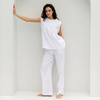 'Evora' Summer White Linen Top with Lace