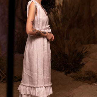 'Alexandra' Linen Midi Dress with Frills in White