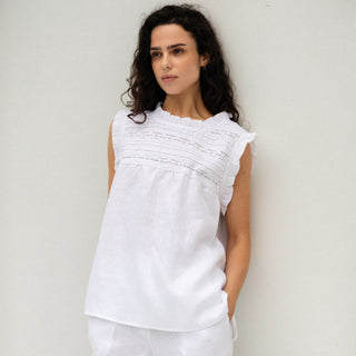 'Evora' Summer White Linen Top with Lace