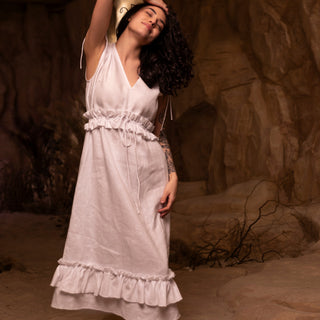 'Alexandra' Linen Midi Dress with Frills in White