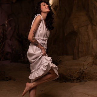 'Alexandra' Linen Midi Dress with Frills in White