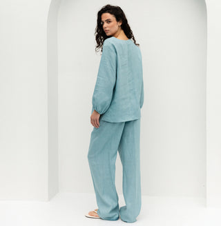 'Tulum' Linen Shirt in Cyan Blue