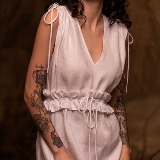 'Alexandra' Linen Midi Dress with Frills in White