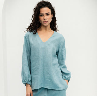 Linen women blouse in cyan