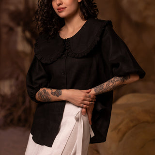 'March" Linen Blouse with Round Oversized Collar in Black