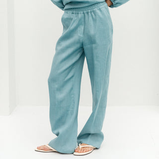 Flax linen women pants in cyan
