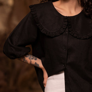 'March" Linen Blouse with Round Oversized Collar in Black
