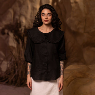 'March" Linen Blouse with Round Oversized Collar in Black