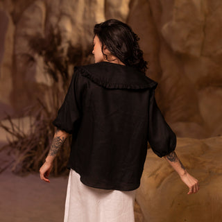 'March" Linen Blouse with Round Oversized Collar in Black