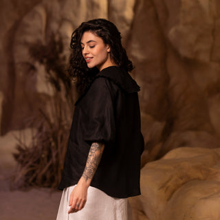 'March" Linen Blouse with Round Oversized Collar in Black