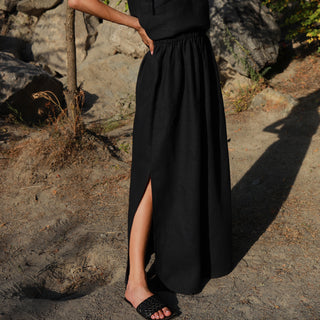 Side split of black linen maxi skirt