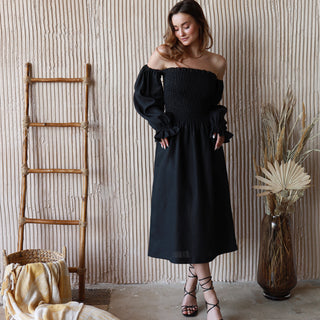 Black linen midi dress