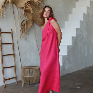 Hot pink linen one shoulder maxi dress