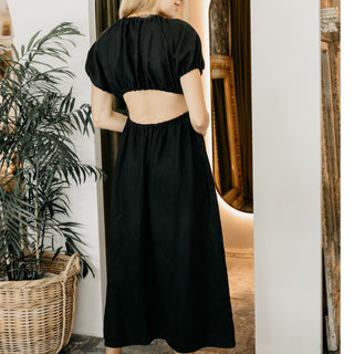 Back view black linen midi dress