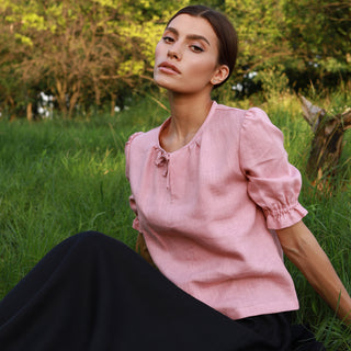 Dusty pink linen top with puffed sleeves
