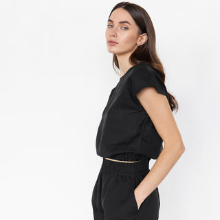 Side view linen black crop top