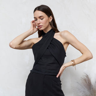 Black linen halterneck blouse
