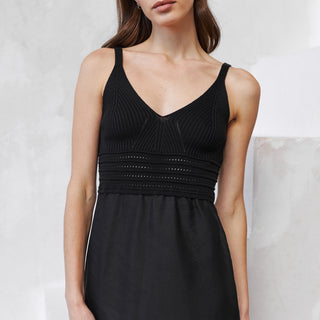 Cotton knitted top black linen midi dress