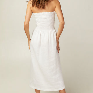 Back view linen strapless midi dress