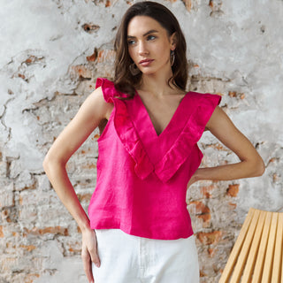 Linen fuchsia top with frills