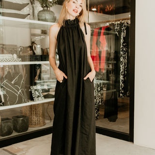 Black flax linen halter neck maxi dress