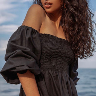 Black flax linen off the shoulder dress