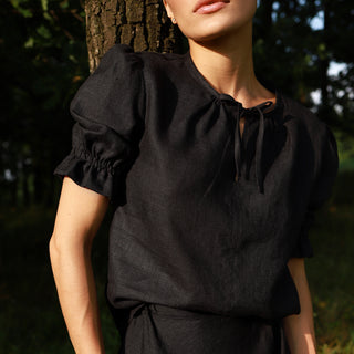 Black linen top with puffed sleeves