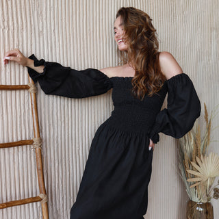 Black linen off the shoulder midi dress