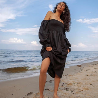 Black linen off the shoulder dress with lush sleeves