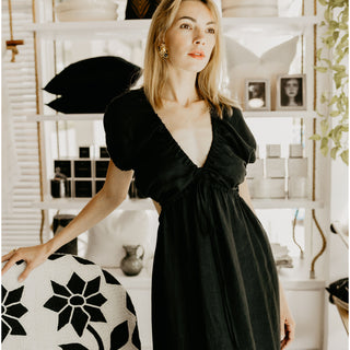 V cut black linen midi dress