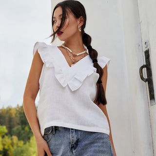 White linen frilled sleeveless top Osaka