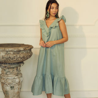 Light green linen frilled midi sundress