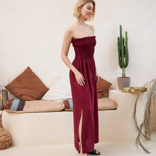 Burgundy linen sleeveless summer tube dress