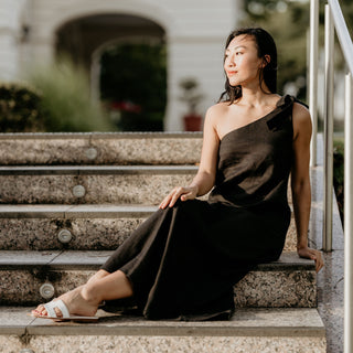 Black one shoulder linen maxi dress