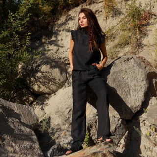 Black linen top with frills