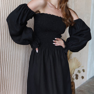 Linen off the shoulder midi dress in black