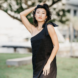 Linen one shoulder dress with bow tie