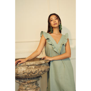 Front frill linen midi sleveless sundress