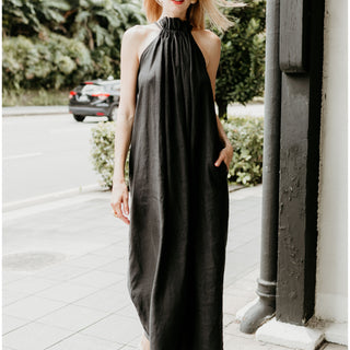 Linen sleeveless maxi dress in black