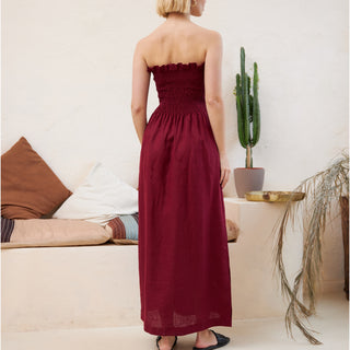 Back view dark red linen burgundy dress