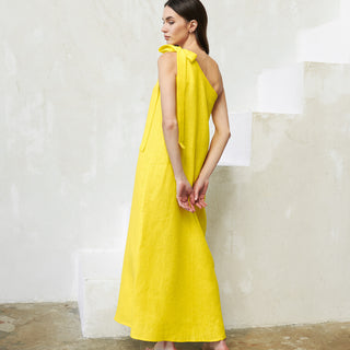 Back view yellow linen one shoulder dress