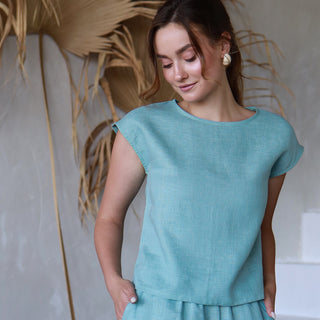 Cyan linen summer top