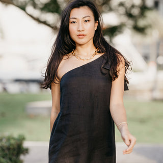 Linen black one shoulder maxi dress