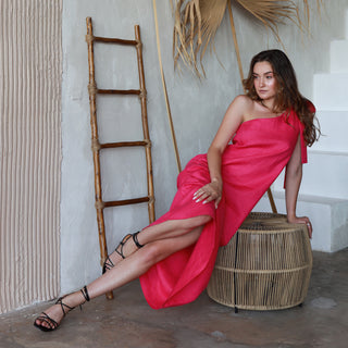 Fuchsia linen one shoulder dress