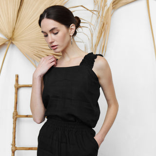 Black linen tank top with wide ruffled straps 'Nina'